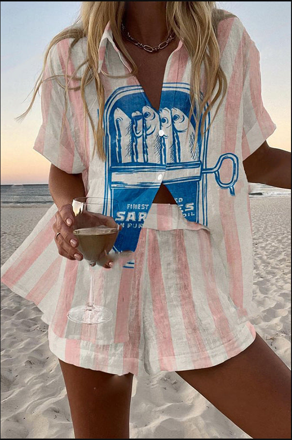 Silava™ | Leinen-Shorts-Set mit Sardinen-Print