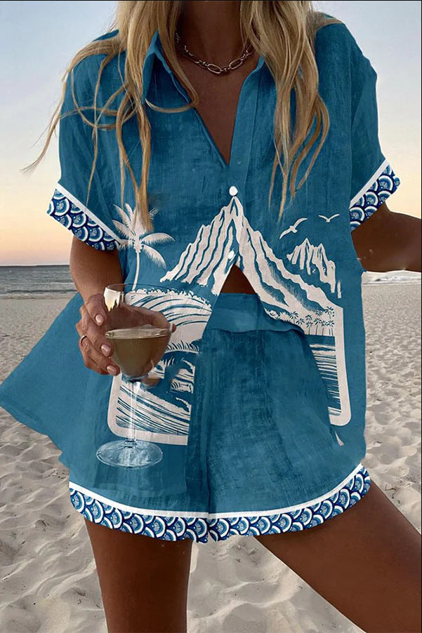 Virina™ | Leinen-Shorts-Set mit Fuji-Motiv