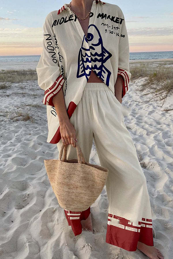 Rounelle™ | Leinen-Set mit blauem Fisch-Print