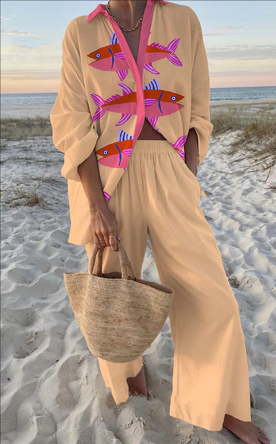 Evalisse™ | Leinen-Set mit pinkem Fisch-Print