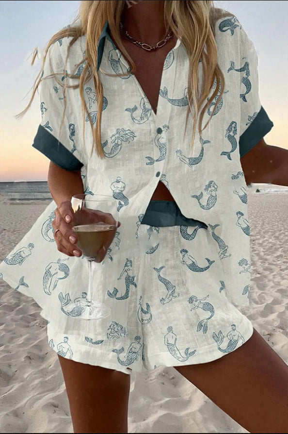 Jalira™ | Leinen-Shorts-Set mit Meerjungfrauen-Print