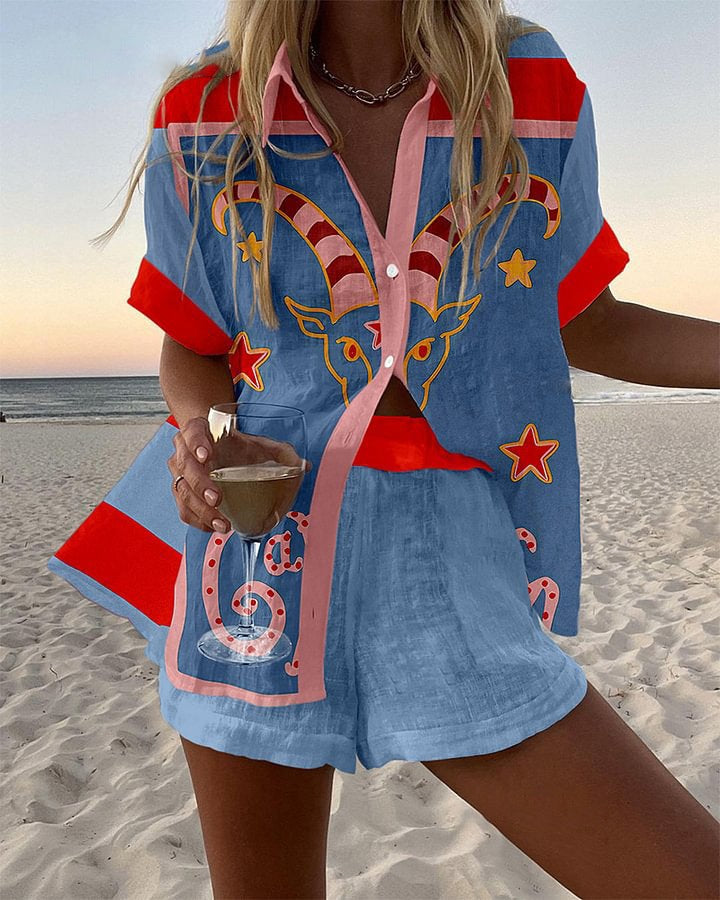 Jorelle™ | Leinen-Shorts-Set mit Ziegen-Print