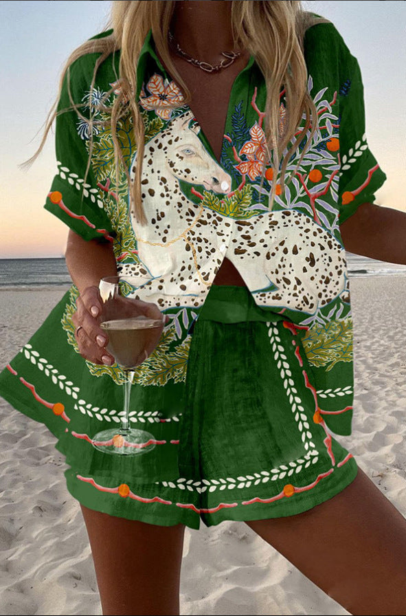 Céphira™ | Leinen-Shorts-Set mit Pferde-Print