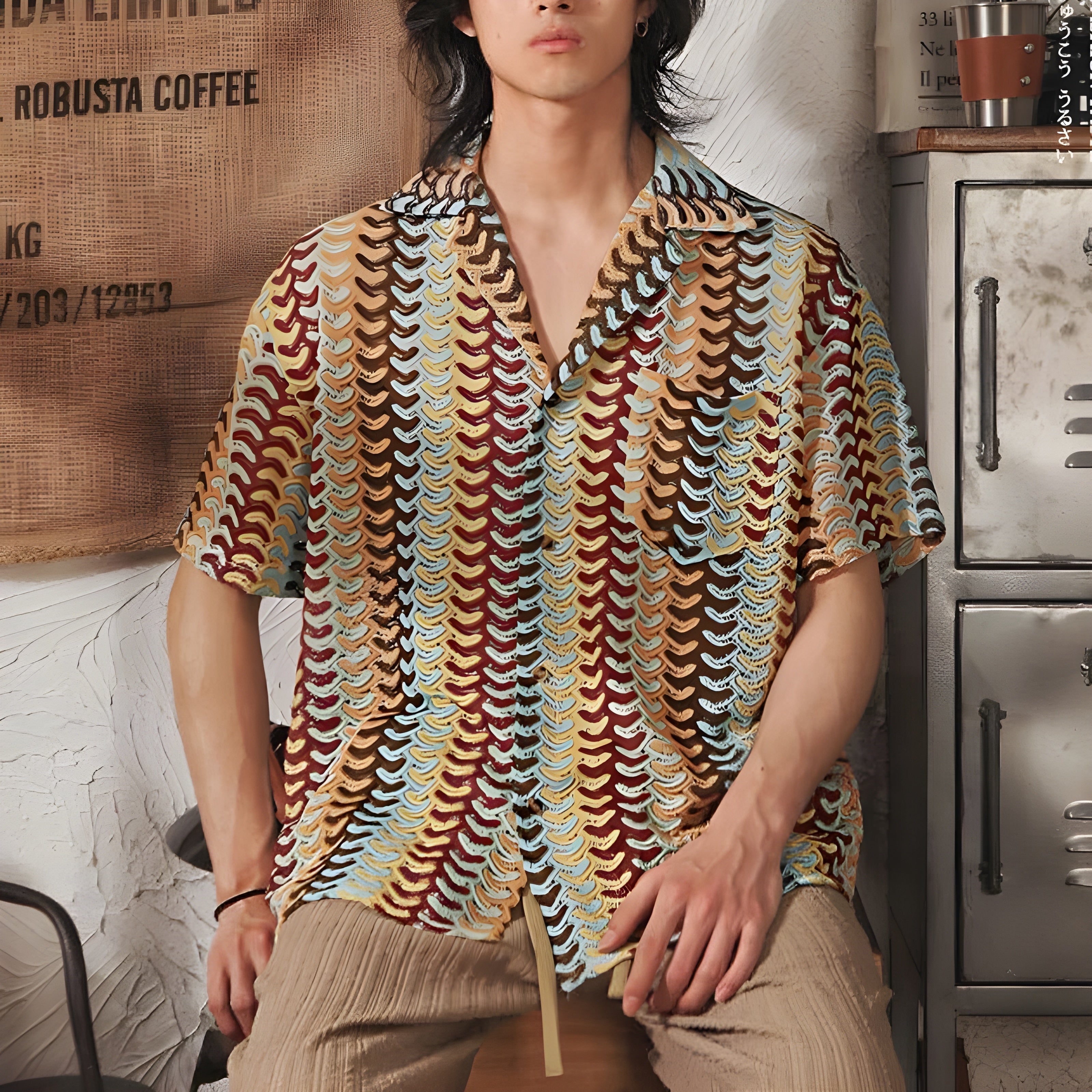 Gemusterte Herren Kurzarm-Strickjhemd