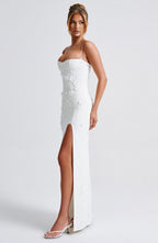 Ananke - Maxikleid mit Blumenapplikationen